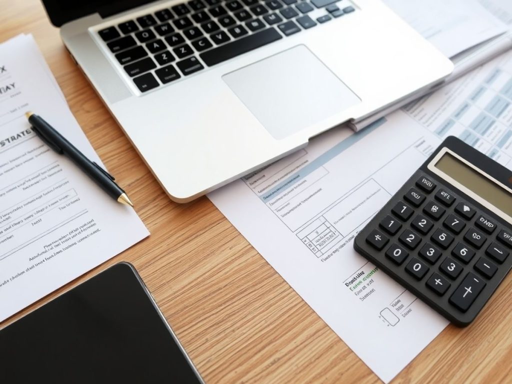 Birou cu laptop și documente financiare pentru afaceri.