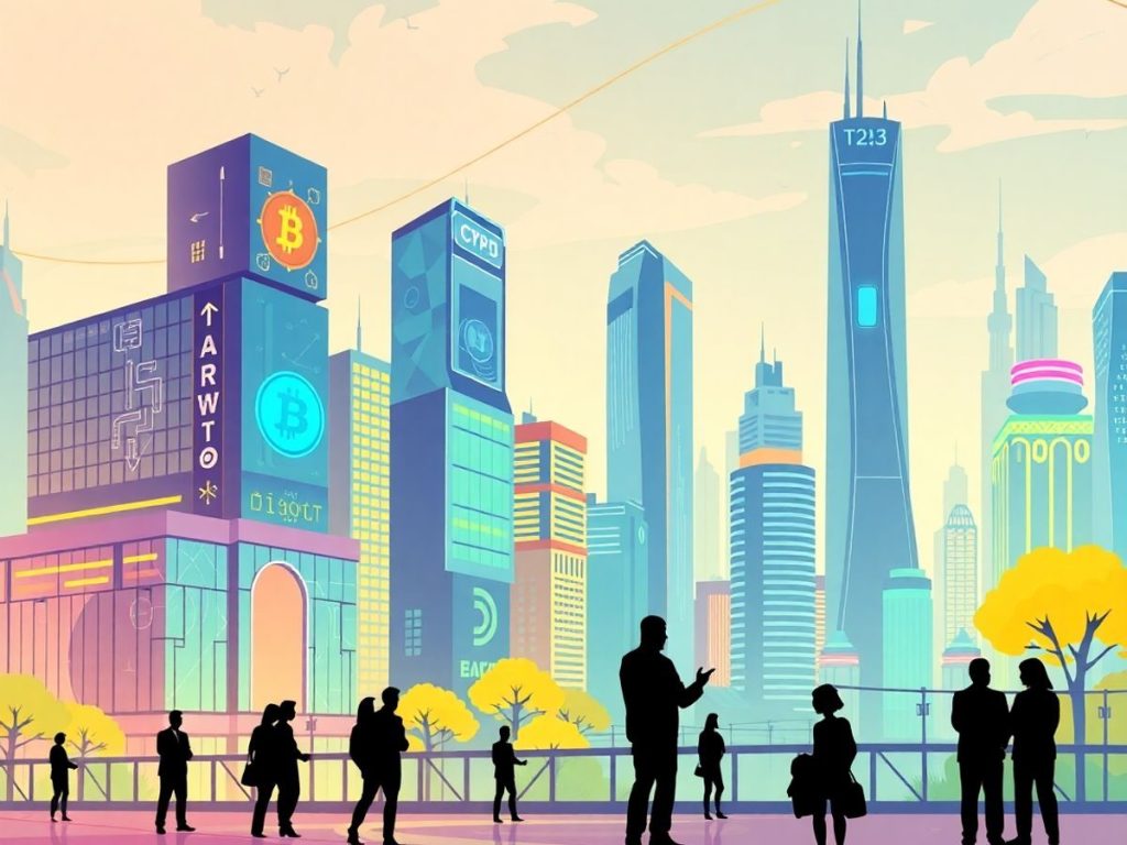 Peisaj urban futurist cu clădiri moderne și oameni.