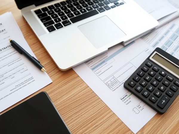 Birou cu laptop și documente financiare pentru afaceri.