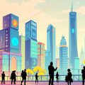 Peisaj urban futurist cu clădiri moderne și oameni.