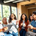 Oameni de afaceri energici, fericiți, într-o cafenea modernă și luminoasă.
