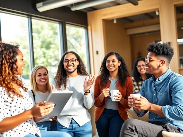 Oameni de afaceri energici, fericiți, într-o cafenea modernă și luminoasă.